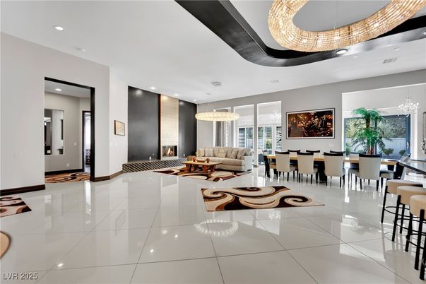Chandelier, Dining room, Fireplace, Interior, Living room, Recessed Lighting