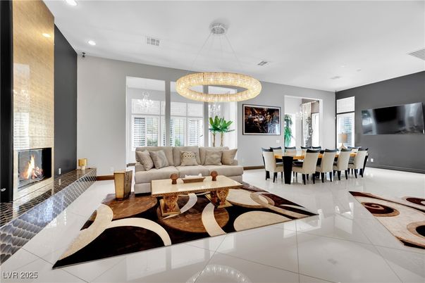 Dining room, Fireplace, Interior, Living room, Pendant Lights, Recessed Lighting