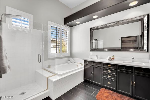 Bathroom, Dual Sink Vanities, Glass Shower, Interior, Recessed Lighting, Wood Texture Flooring