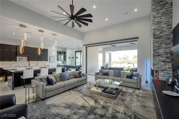 Fireplace, Interior, Kitchen, Living room, Pendant Lights, Recessed Lighting, Stone Walls