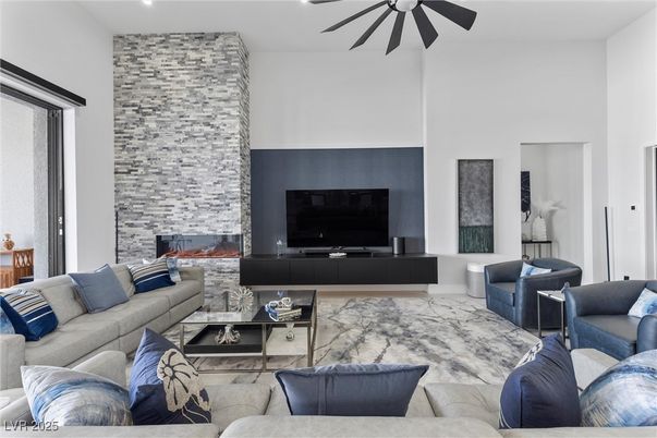 Fireplace, Interior, Living room, Recessed Lighting, Stone Walls