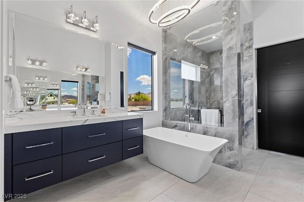 Bathroom, Dual Sink Vanities, Free Standing Baths, Glass Shower, Interior, Marble, Marble Walls