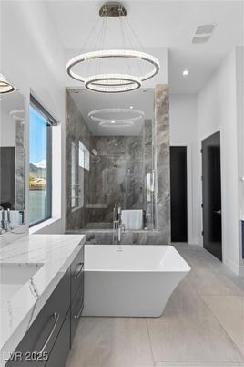 Bathroom, Dual Sink Vanities, Free Standing Baths, Glass Shower, Interior, Pendant Lights, Recessed Lighting