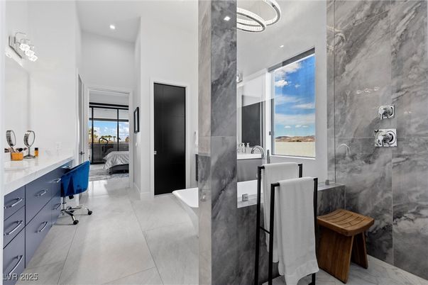 Bathroom, Bedroom, Glass Shower, Interior, Marble, Marble Walls, Recessed Lighting