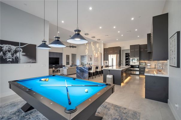 Billiard Table, Game Room, Interior, Kitchen, Living room, Pendant Lights, Recessed Lighting, Stainless Steel Appliances