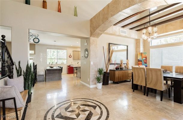 Dining room, Interior, Pendant Lights, Recessed Lighting, Wooden Beams