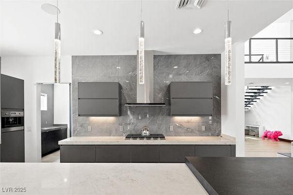 Interior, Kitchen, Marble Walls, Pendant Lights, Recessed Lighting, Wood Texture Flooring