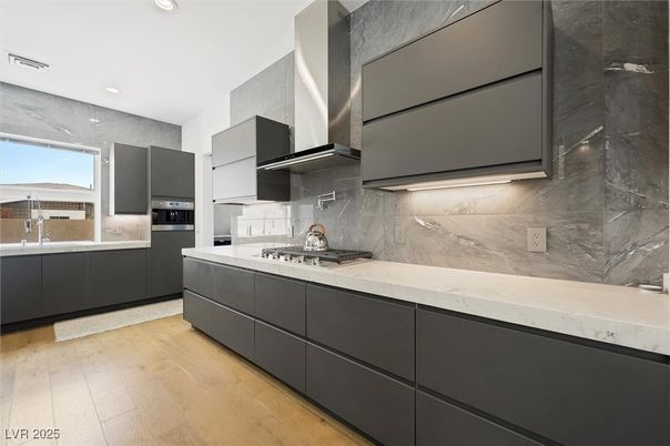 Interior, Kitchen, Marble Walls, Recessed Lighting, Stainless Steel Appliances, Wood Texture Flooring