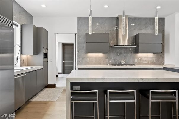Interior, Kitchen, Pendant Lights, Recessed Lighting, Stainless Steel Appliances, Wood Texture Flooring