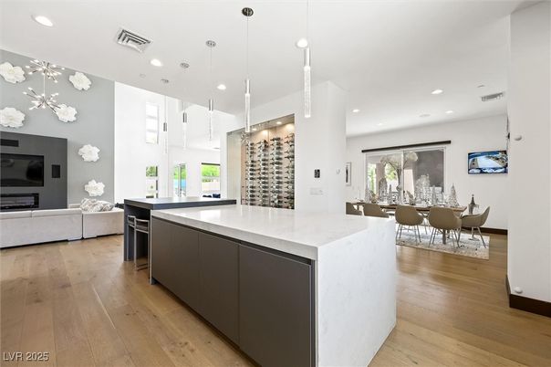 Dining room, Interior, Kitchen, Living room, Pendant Lights, Recessed Lighting, Wood Texture Flooring