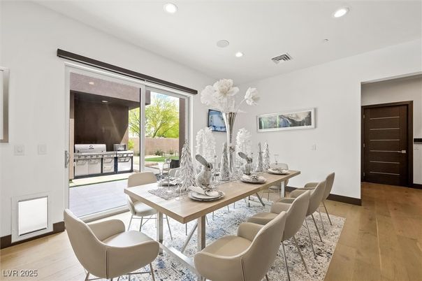 Dining room, Interior, Recessed Lighting, Wood Texture Flooring