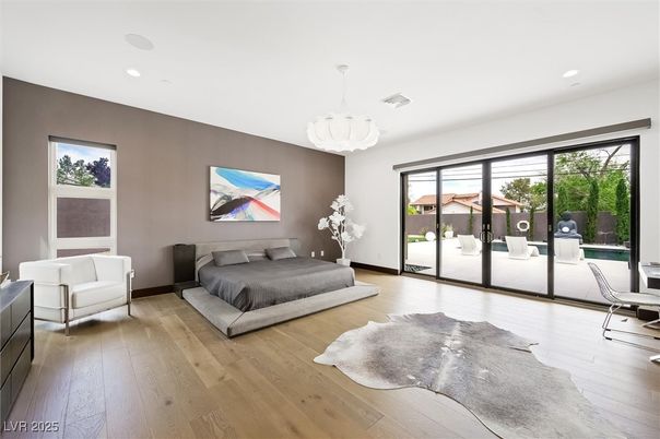 Bedroom, Interior, Pendant Lights, Recessed Lighting, Wood Texture Flooring