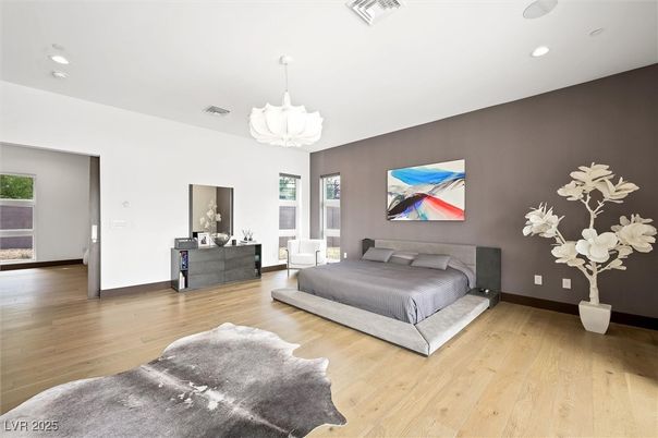 Bedroom, Chandelier, Interior, Recessed Lighting, Wood Texture Flooring