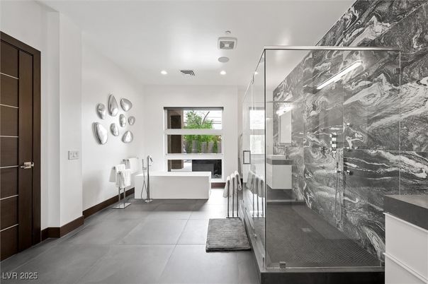 Bathroom, Free Standing Baths, Glass Shower, Interior, Marble Walls, Recessed Lighting