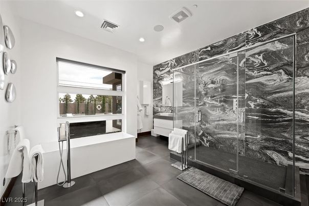 Bathroom, Glass Shower, Interior, Marble Walls, Recessed Lighting