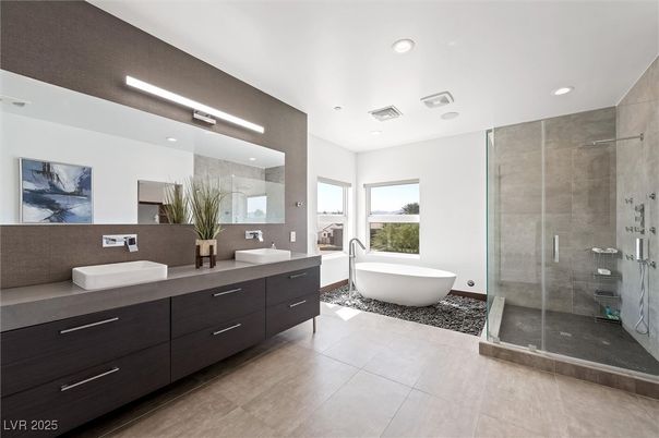 Bathroom, Dual Sink Vanities, Free Standing Baths, Glass Shower, Interior, Recessed Lighting