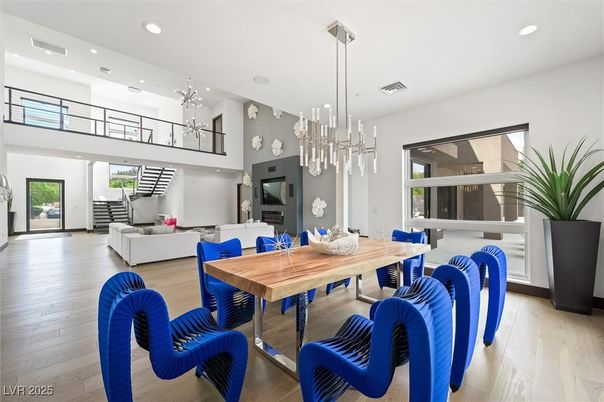 Dining room, Interior, Living room, Pendant Lights, Recessed Lighting, Wood Texture Flooring