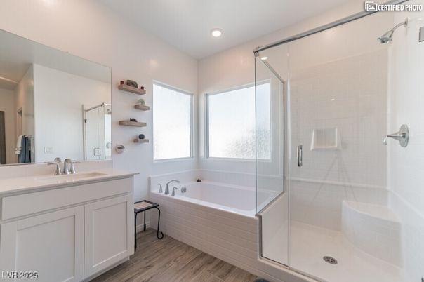 Bathroom, Glass Shower, Interior, Recessed Lighting, Wood Texture Flooring
