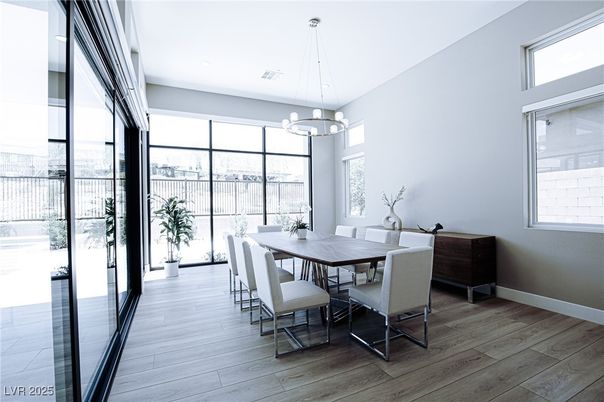 Dining room, Interior, Pendant Lights, Wood Texture Flooring
