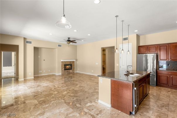 Fireplace, Interior, Kitchen, Pendant Lights, Recessed Lighting