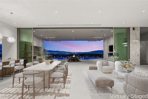 Dining room, Fireplace, Interior, Marble Walls, Pendant Lights, Recessed Lighting
