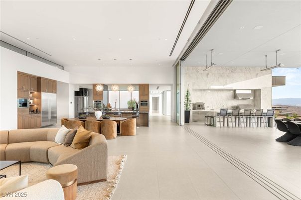 Dining room, Interior, Kitchen, Living room, Marble Walls, Pendant Lights, Recessed Lighting, Stainless Steel Appliances, Water