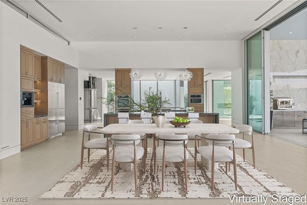 Dining room, Interior, Kitchen, Marble Walls, Pendant Lights, Recessed Lighting, Stainless Steel Appliances