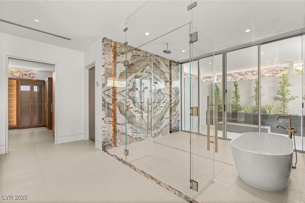 Bathroom, Free Standing Baths, Glass Shower, Interior, Marble Walls, Recessed Lighting