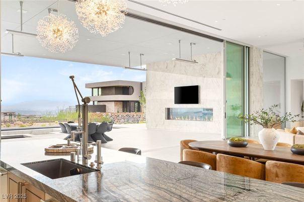 Chandelier, Dining room, Fireplace, Interior, Kitchen, Recessed Lighting
