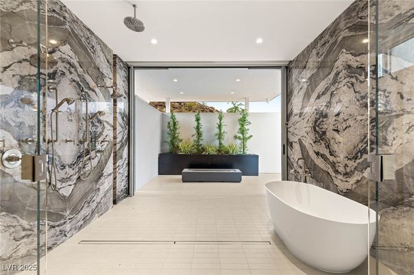 Bathroom, Free Standing Baths, Glass Shower, Interior, Marble Walls, Recessed Lighting