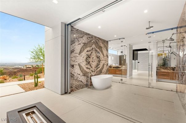 Bathroom, Free Standing Baths, Glass Shower, Interior, Marble Walls, Recessed Lighting