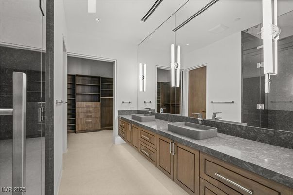 Bathroom, Dual Sink Vanities, Glass Shower, Interior, Pendant Lights, Recessed Lighting
