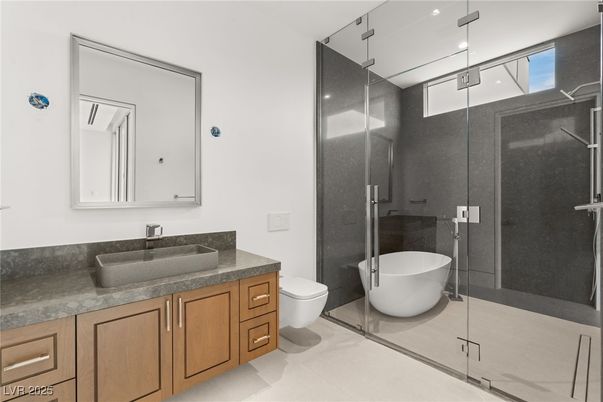 Bathroom, Free Standing Baths, Glass Shower, Interior, Recessed Lighting