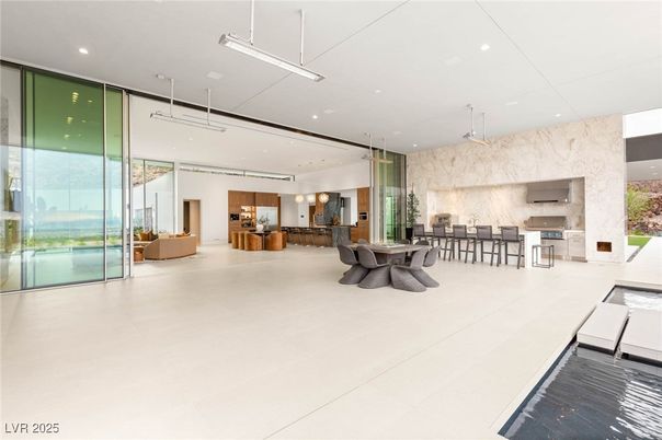 Dining room, Interior, Kitchen, Marble Walls, Pendant Lights, Recessed Lighting