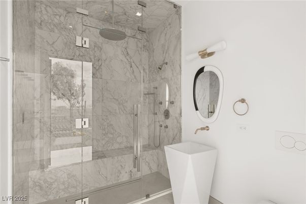 Bathroom, Free Standing Baths, Glass Shower, Interior, Marble Walls