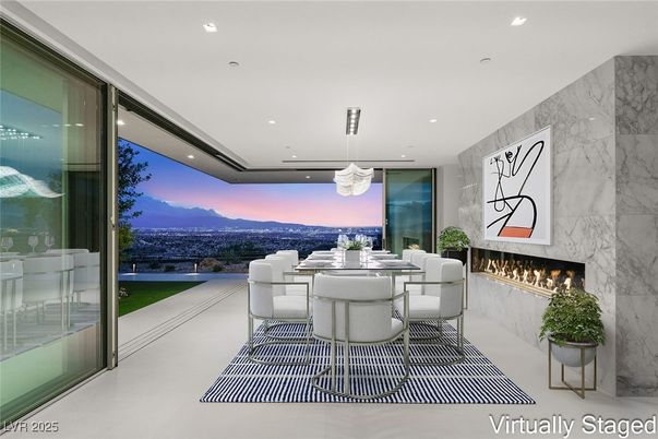 Dining room, Fireplace, Interior, Marble Walls, Pendant Lights, Recessed Lighting