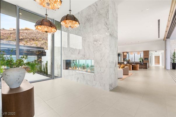 Fireplace, Interior, Kitchen, Marble Walls, Pendant Lights, Recessed Lighting