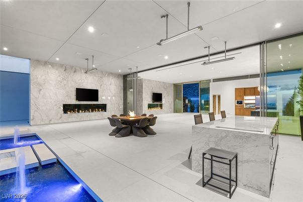 Fireplace, Interior, Kitchen, Marble Walls, Pendant Lights, Recessed Lighting