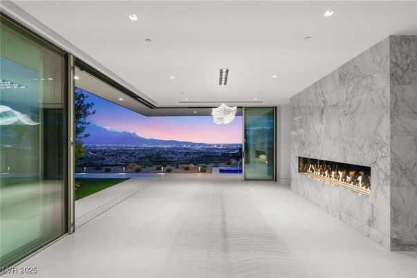 Fireplace, Interior, Marble Walls, Pendant Lights, Recessed Lighting