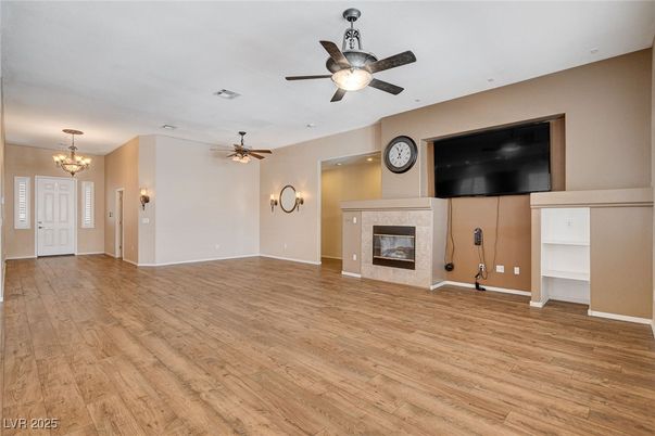 Chandelier, Empty room, Fireplace, Interior, Wood Texture Flooring