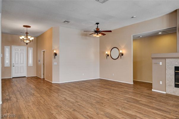 Chandelier, Empty room, Fireplace, Interior, Wood Texture Flooring