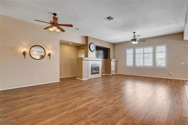 Empty room, Fireplace, Interior, Recessed Lighting, Wood Texture Flooring