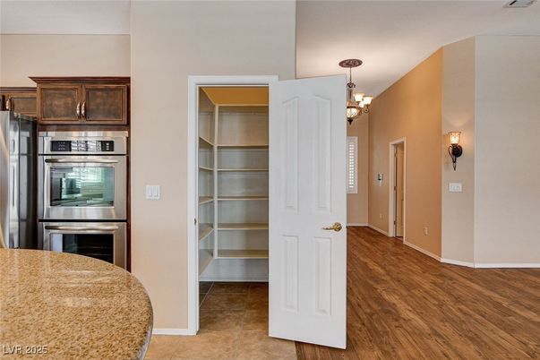 Chandelier, Interior, Kitchen, Stainless Steel Appliances, Wood Texture Flooring