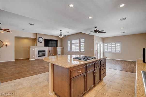 Fireplace, Interior, Kitchen, Recessed Lighting, Wood Texture Flooring