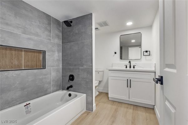 Bathroom, Interior, Recessed Lighting, Wood Texture Flooring