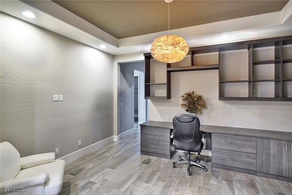 Home Office, Interior, Pendant Lights, Recessed Lighting, Wood Texture Flooring