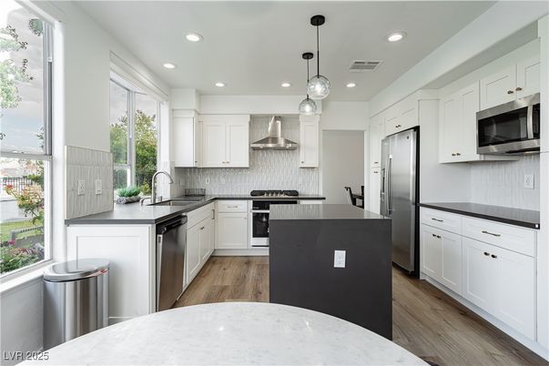 Interior, Kitchen, Pendant Lights, Recessed Lighting, Stainless Steel Appliances, Wood Texture Flooring