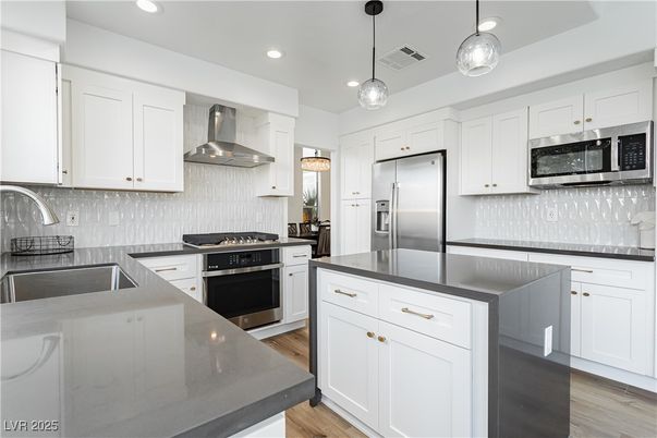 Interior, Kitchen, Pendant Lights, Recessed Lighting, Stainless Steel Appliances, Wood Texture Flooring