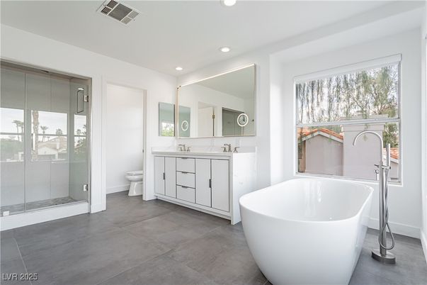 Bathroom, Dual Sink Vanities, Free Standing Baths, Glass Shower, Interior, Recessed Lighting