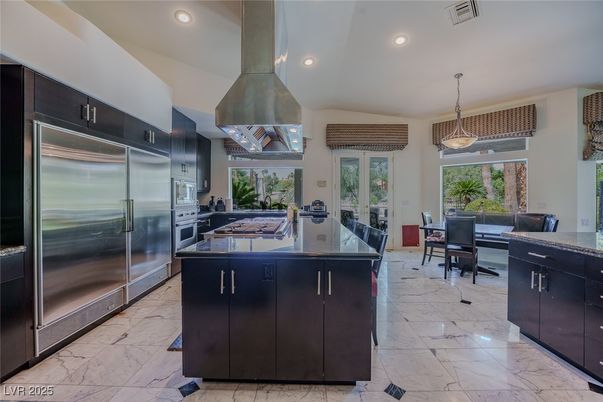 Dining room, Interior, Kitchen, Marble, Pendant Lights, Recessed Lighting, Stainless Steel Appliances